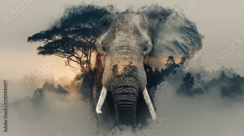Surreal double exposure of an elephant profile and savanna landscape. Wildlife conservation, nature protection and ecology concept with copy space