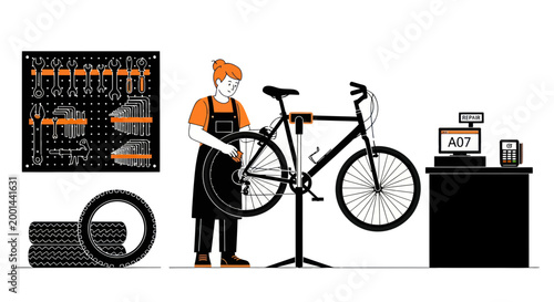 Bicycle repair, bike maintenance, mechanic tools, cycling accessories, vector icons