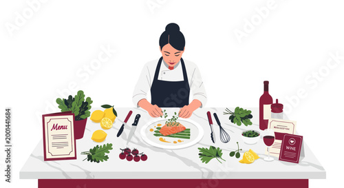 Chef preparing food, kitchen utensils, cooking ingredients, culinary art