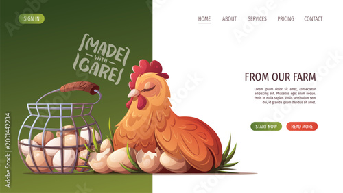 Web page design with farm hen and eggs. Farming, farm market concept. Vector illustration for website, banner. 