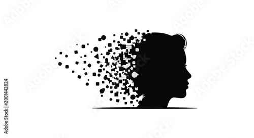 black silhouette of a person's head with particles exploding out