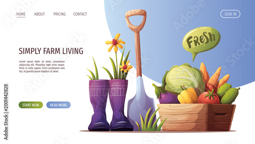 Web page design with various vegetables in wooden crate, rubber boots, shovel. Gardening, harvest, farm life, farm market concept. Vector illustration for website, banner. 