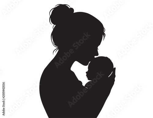 Tender mother and baby silhouette, a loving maternal bond, black vector illustration of motherhood and newborn care, perfect for family and parenting themes.
