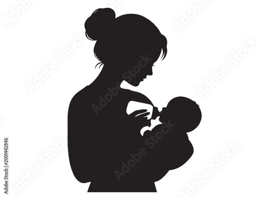 Mother and baby silhouette, nurturing maternal bond, infant feeding, black vector illustration, new parent care, family love concept