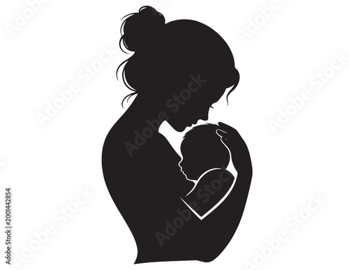 Tender mother and baby silhouette, a loving maternal bond vector illustration. Black graphic of a woman holding her newborn, symbolizing motherhood, care, and family.