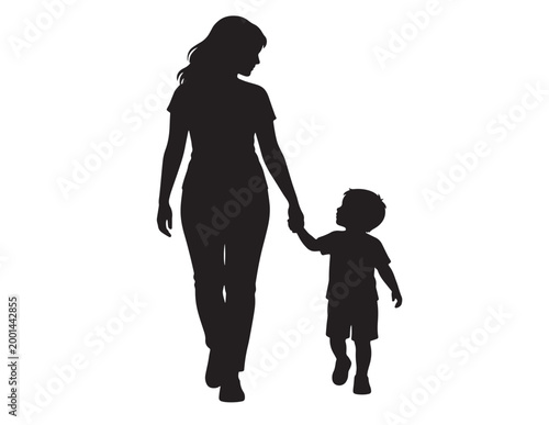 Mother and child walking hand-in-hand, a loving family silhouette vector. Black graphic illustration of a mom and son, representing maternal bond and childhood.