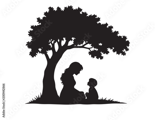 Mother and child silhouette, black vector illustration of a loving mom and baby under a leafy tree, tender family moment, maternal bond graphic for parenting designs