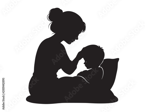 Tender mother and child silhouette vector, a loving parent comforting their baby, black graphic illustration of family bonding, perfect for childcare and maternal themes.