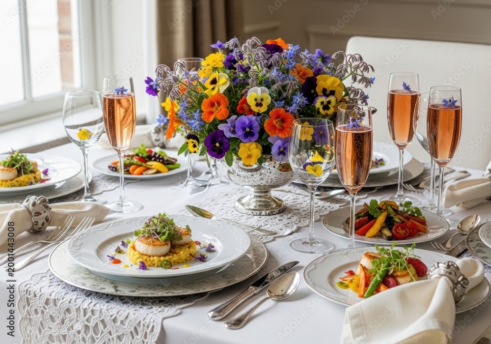 Fototapeta premium Elegant dinner table with floral centerpiece and champagne glasses