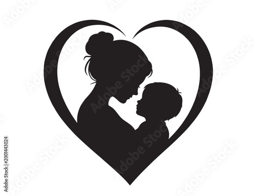 Mother and baby silhouette, loving maternal bond in heart shape, black vector graphic for family, parenting, and care designs