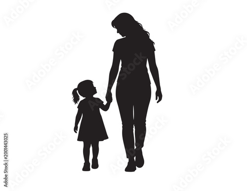 Mother and daughter walking hand-in-hand, a loving family bond silhouette, black vector graphic illustration, perfect for parenting and childhood themes.