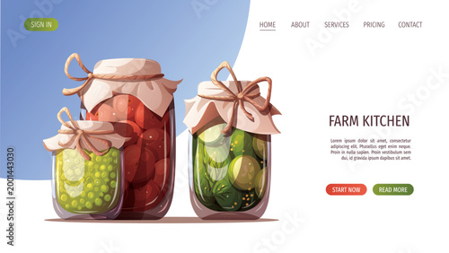 Web page design with Homemade vegetable preserves with tomatoes, cucumbers, and green peas. Gardening, harvest, farm life, farm market, cooking concept. Vector illustration for website, banner. 