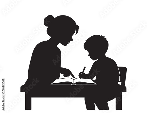 Educational silhouette vector, a teacher or parent guiding a child in learning, homework assistance, and tutoring, black and white graphic for school and family concepts.