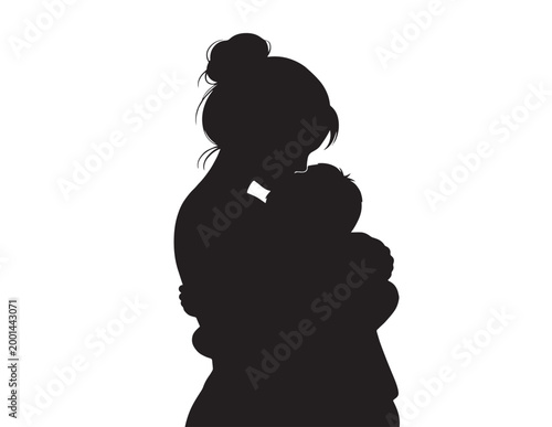 Tender mother and baby silhouette, a loving embrace, black vector illustration, maternal bond, family care, parenting, motherhood concept