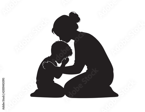 Tender mother and child silhouette, black vector illustration. Loving parent comforting young kid, emotional family bond graphic, perfect for parenting and childhood themes.