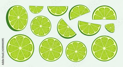 Collection of fresh lime slices vibrant green citrus fruit halves and wedges isolated on a light background for healthy food design