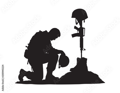 Solemn military tribute silhouette, a soldier kneeling in remembrance, honoring fallen heroes, vector illustration for Memorial Day and Veterans Day designs.