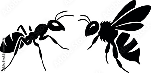 Black silhouette of ant and bee insects isolated on white background for nature wildlife environment and decorative graphic vector design projects