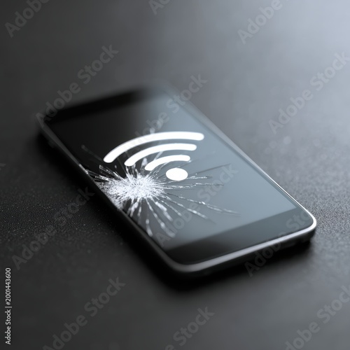 cracked smartphone screen showing disconnected internet icon