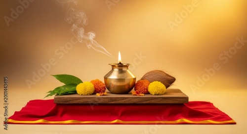 Sacred Bonalu festival pot with lit flame and floral offerings on a traditional altar with swirling incense smoke in a Hindu temple setting