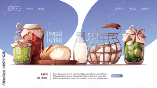 Obraz na plátně Web page template with Jars of preserved vegetables, fresh bread and milk, basket of eggs