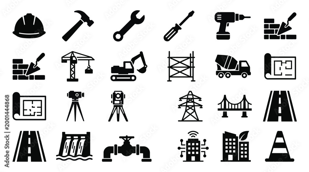 Fototapeta premium Construction and civil engineering icon set building tools, machinery, and infrastructure
