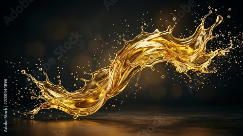 Dynamic golden oil splash featuring fluid motion and elegant droplets.