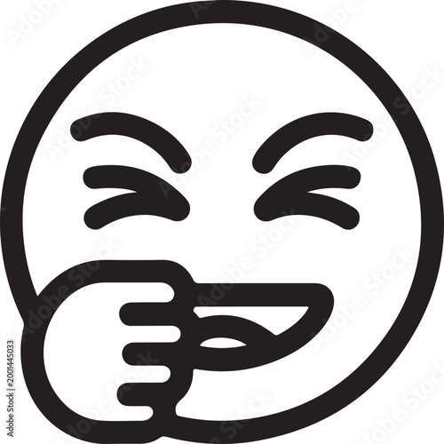 Black and white line art emoji icon of a laughing face with a hand over its mouth