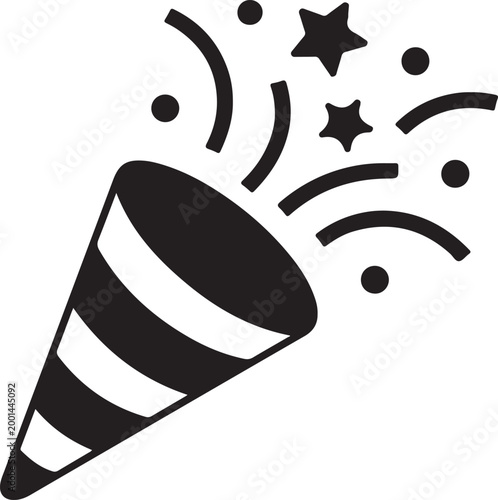 Black and white party popper icon with confetti and stars for celebration design