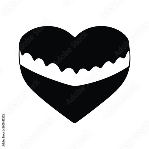 Black and white heart-shaped chocolate with wavy white filling, silhouette vector illustration, heart shaped cake silhouette vector illustration