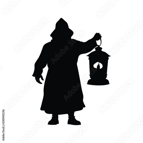 Silhouette of a person holding a lantern, mysterious vector illustration, jack lantern face silhouette vector illustration