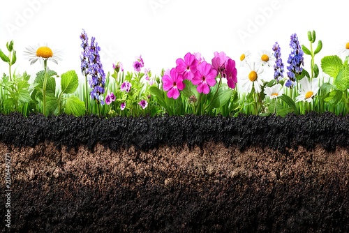 A cross-section of rich soil reveals a vibrant garden bed filled with blooming flowers and lush green grass.