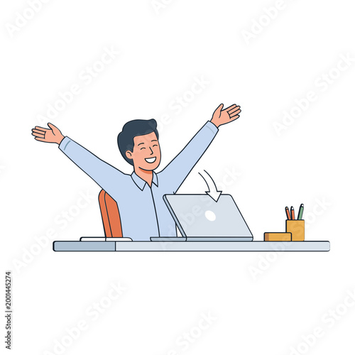 Man celebrates success at desk with laptop and office supplies nearby