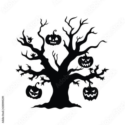 Halloween tree with pumpkins and bats silhouette vector illustration design, jack lanterns silhouette vector illustration