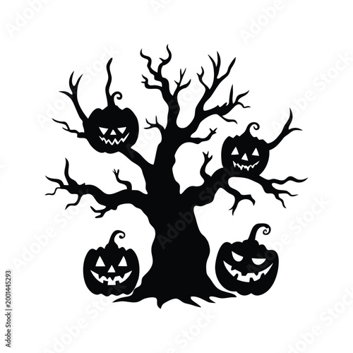 Halloween pumpkin tree with four jack-o'-lanterns vector illustration, jack lanterns silhouette vector illustration