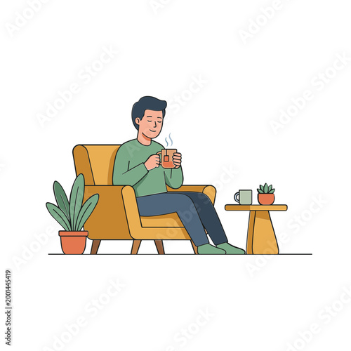 A man sits in an armchair holding a mug with plants nearby indoors.