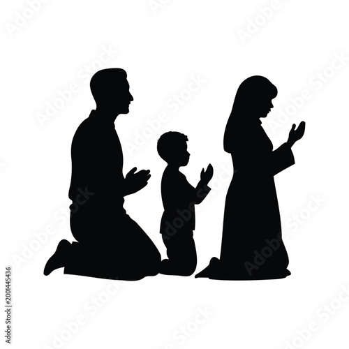 black and white silhouette of family praying together with kids vector illustration, muslim family praying together silhouette vector illustration