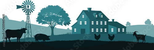 Black and white rural farm silhouette with farmhouse, windmill, tree, cow, pig, goat, chickens and rolling hills background