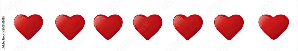 Fototapeta premium Seven glossy, bright red hearts arranged in a horizontal line on a white background