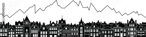 Black and white silhouette cityscape with diverse architectural rooftops, towers, chimneys and jagged mountain line symbolizing urban contrast