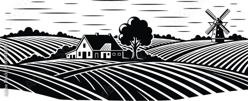 Black and white stylized farmland illustration with curved crop rows, farmhouse, windmill, tree and rural countryside horizon landscape scene