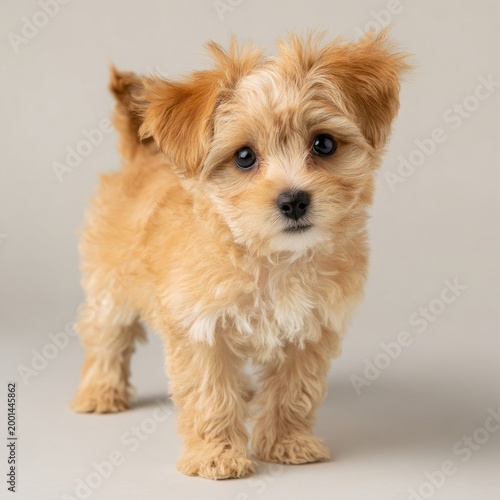 Adorable full body portrait of a fluffy beige puppy standing