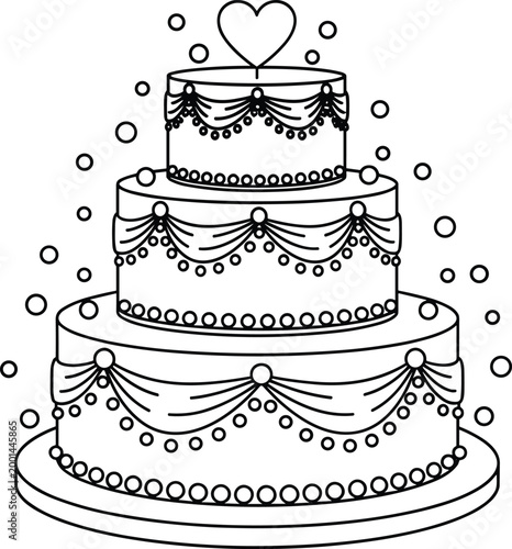 A beautiful three-tier wedding cake outline for coloring pages featuring elegant swags, pearls, and a lovely heart topper for celebrations.
