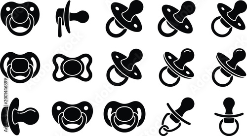 Fotografie Assortment of black silhouette icons representing pacifiers in various designs a