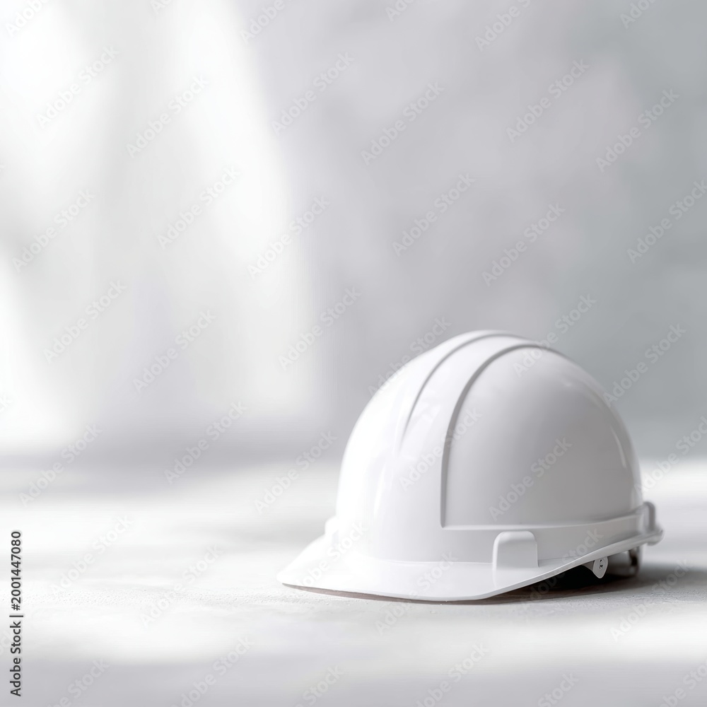 Fototapeta premium White construction safety helmet for building workers on worksite background