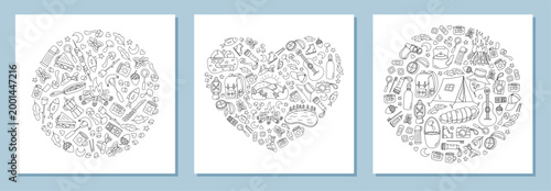 Camping adventure collection with tent, campfire and backpack in round silhouette doodle style. Nature and hiking poster with equipment for camping trip in black line art, perfect for outdoor themed