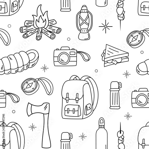 Seamless camp doodle line pattern with equipment and adventure motif. Campfire, lantern, backpack and compass add picnic camp spirit. Black white outdoor background design.