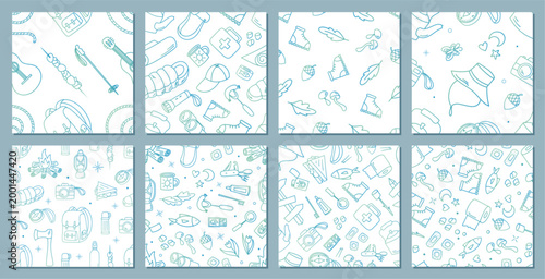 Seamless camp doodle pattern pack in line style. Tent, backpack, and campfire with equipment create an adventure and hiking theme. Map color details add playful outdoor character for summer or family