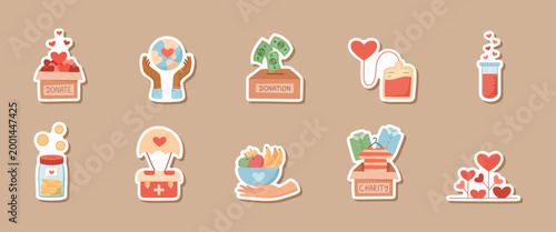 Cartoon charity concept with heart icons sticker. Set of donate symbols as sticker collection for money, blood and food support. Cute charity label pack for philanthropy project, give and help poster