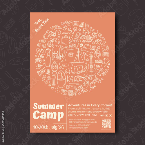 Vertical camp poster with orange contour doodle and line style. Summer adventure with tent, campfire, travel, and backpack for camp event or adventure trip promotion.
